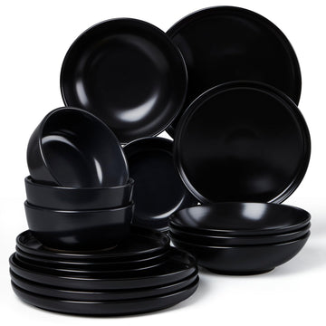 16 Piece Dinnerware Sets with Double Bowls for 4, Black Onyx