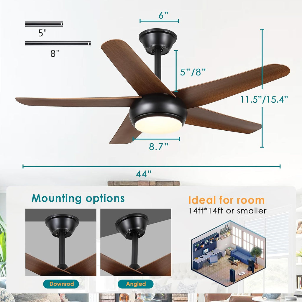 Low Profile Flush Mount Ceiling Fan with Lights - 44IN Modern Indoor/Outdoor Ceiling Fan Light with Remote/APP, Reversible DC Motor with 6 Speeds, Dimming, Brown A101-B0DC2M5QDL