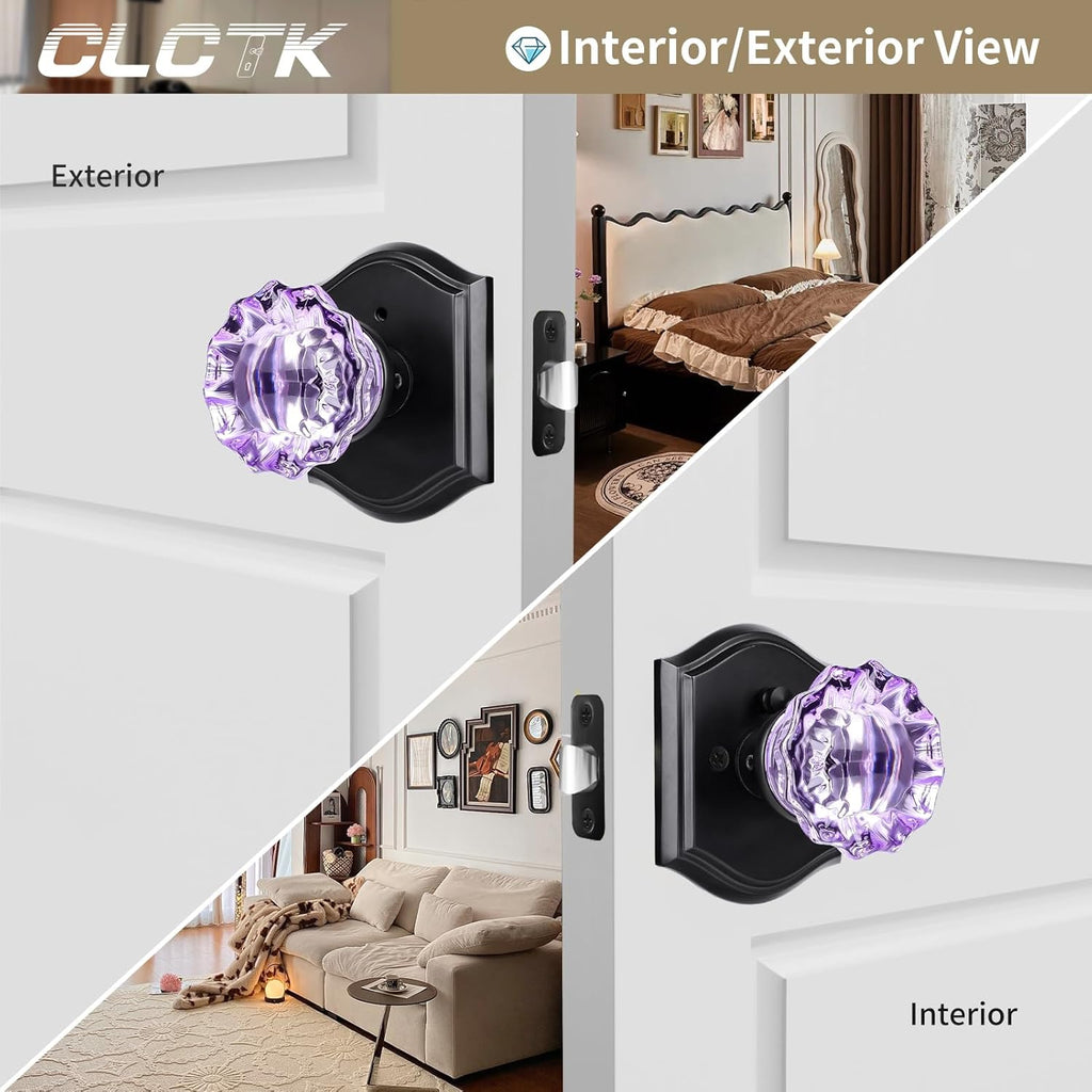Purple Glass Door Knobs Interior with Lock, Matte Black Crystal Privacy Door Knobs Bathroom, 1 Pack