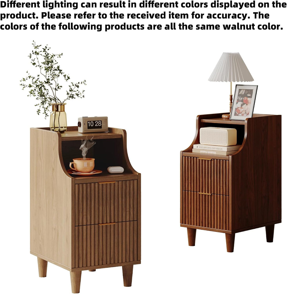 11.8" Narrow Fluted Nightstand Set of 2,Slim Side End Table with 2 Drawers,Mid-Century Modern Bedside Table,Skinny