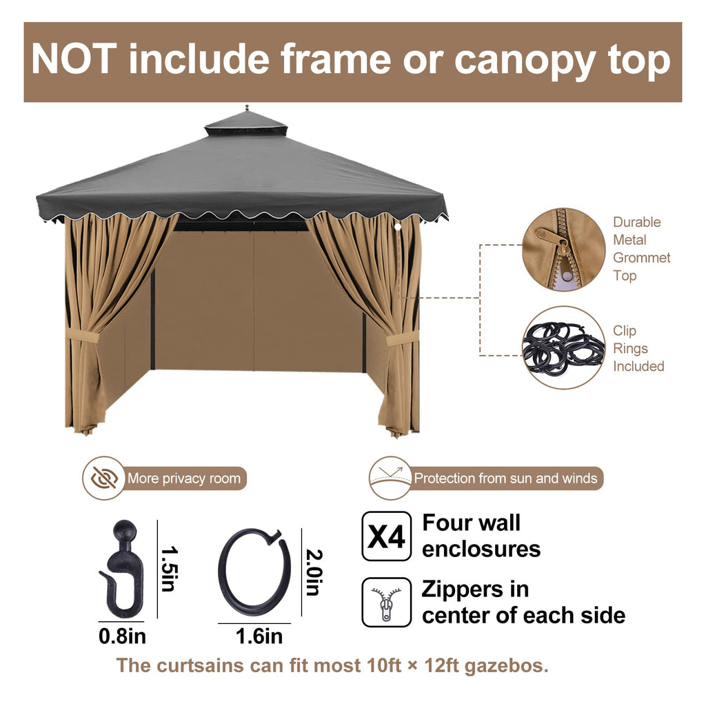 10 x 12 Ft Gazebo Curtains, 4 Panels with Zippers, Khaki