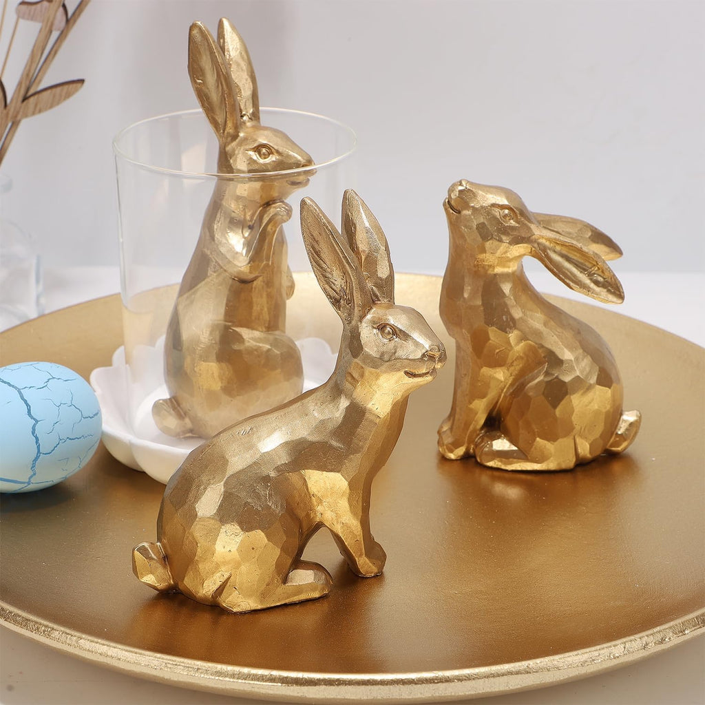 Easter Bunny Figurines Decor, Mini Resin Golden Bunnies Spring Sculpture Tabletop Ornament, Rabbits Festival - Set of 3