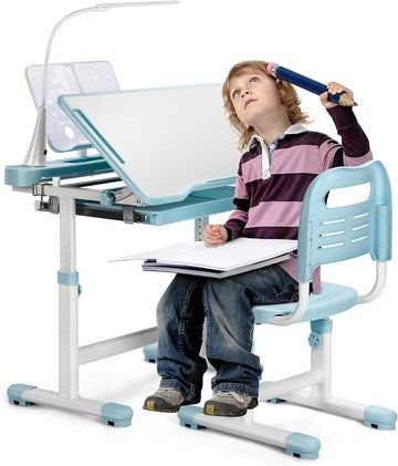 Kids Desk and Chair Set, Height Adjustable Children School Functional Study Desk with 55° Tiltable Desktop, 3 Modes &