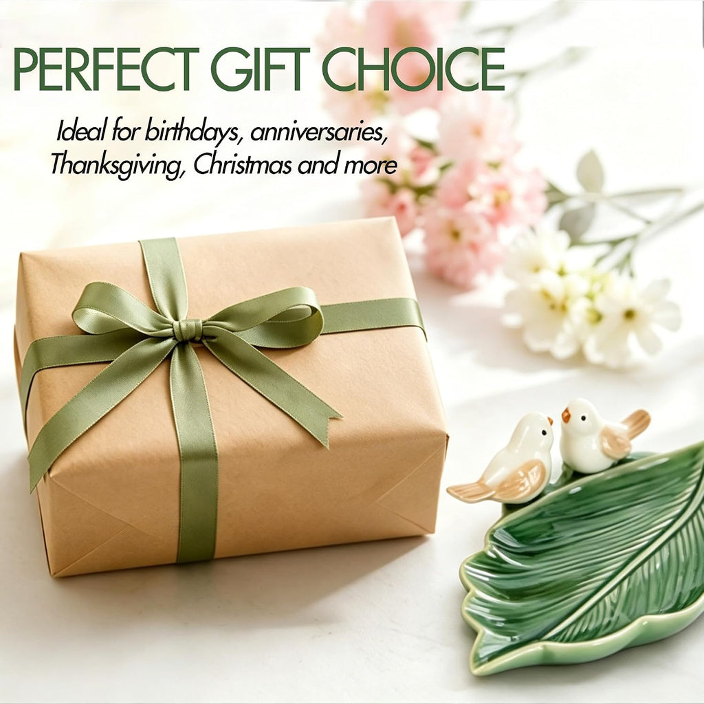 Green Ceramic Leaf Jewelry Tray with Bird Accents