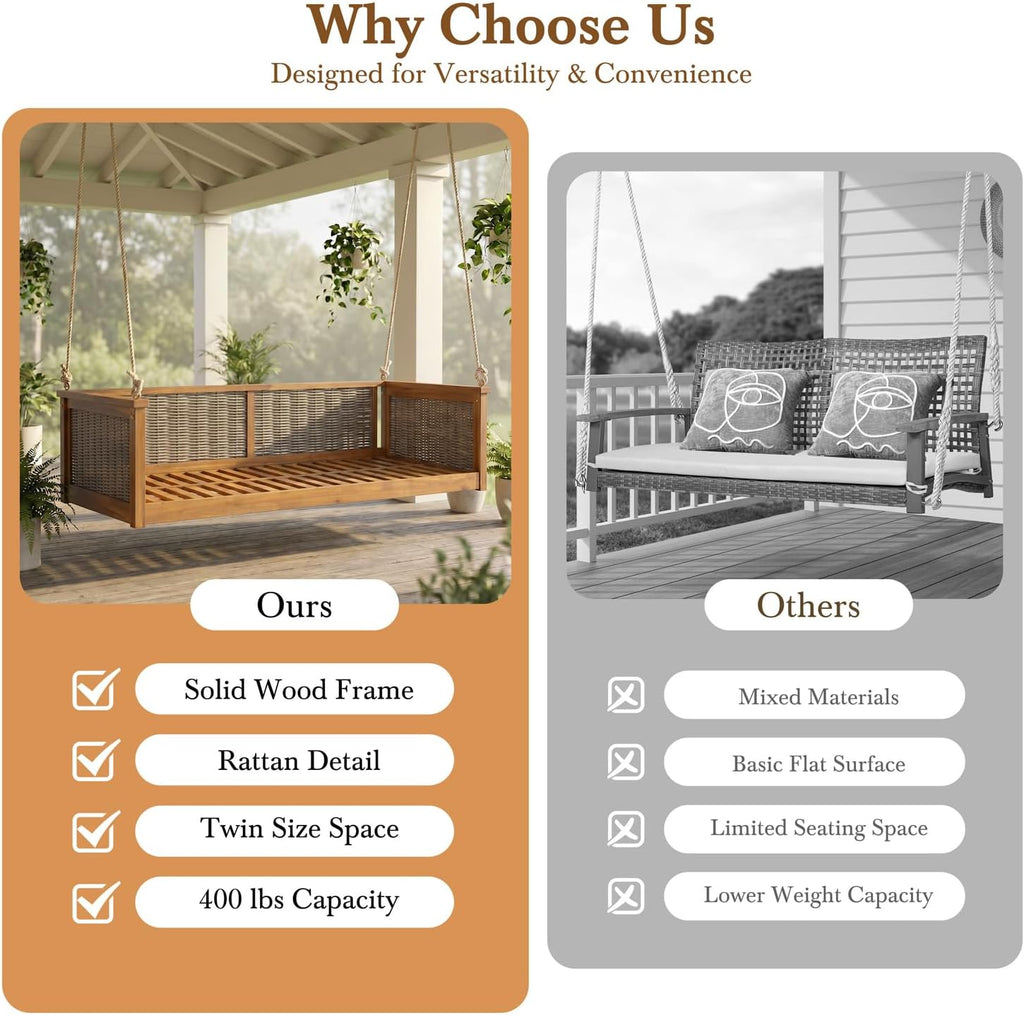 Twin Size Porch Swing Bed, Acacia Wood & Handwoven Rattan Hanging Swing Daybed with Hemp Ropes, 400 lbs Capacity