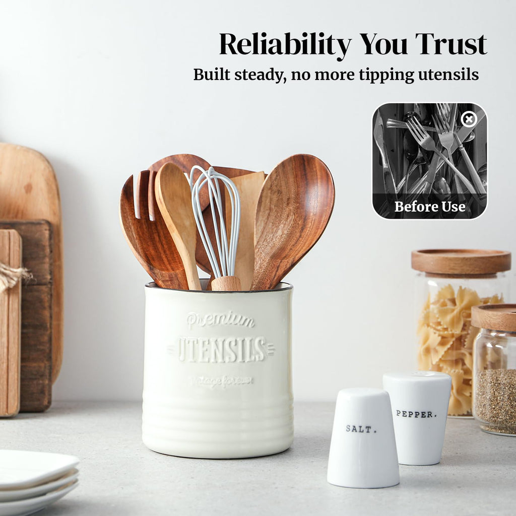 7.2" Large Ceramic Utensil Holder Counter, Beige