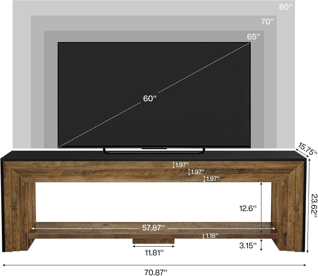 70" Long TV Stand for 75-Inch TV, Farmhouse Entertainment Center | Low Media Console Wooden Television Stand for