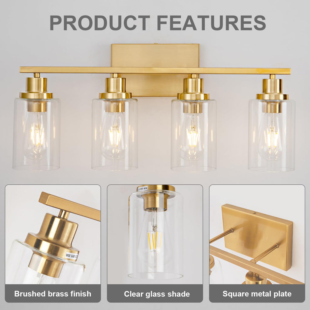 4 Light Gold Bathroom Light Fixtures Brushed Brass Vanity Light Over Mirror Modern Farmhouse Wall Lighting Sconces