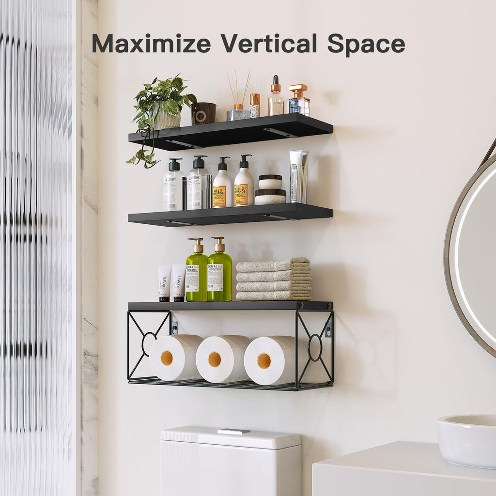 Bathroom Shelves with Storage Basket, Set of 3, Black