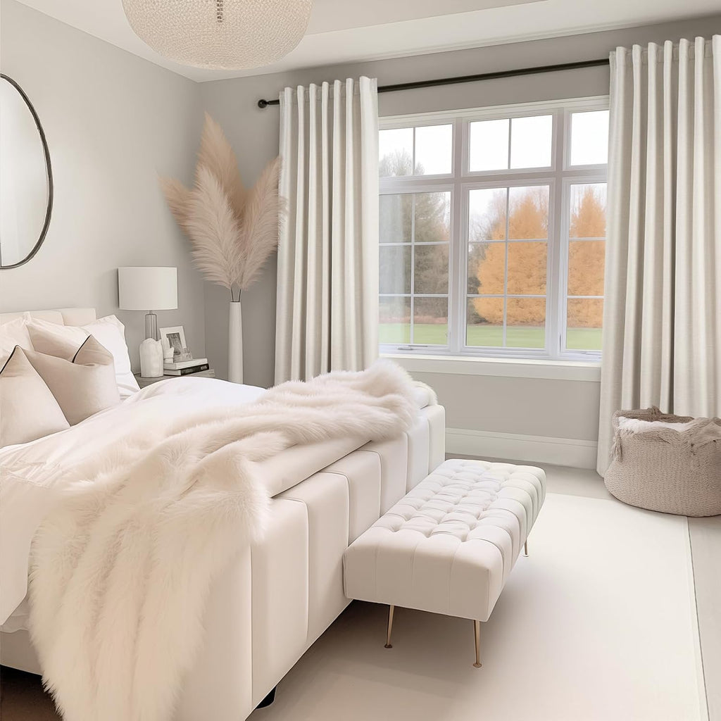 Linen Blackout Curtains 96 Inch Long, Boho Farmhouse Ivory Birch Viral Drapes Pinch Pleated Curtains with Hooks