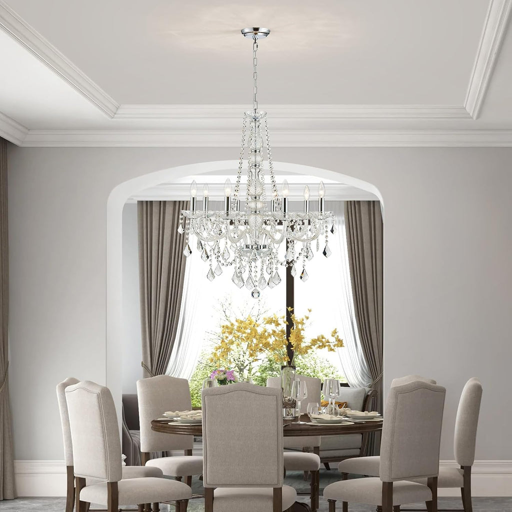 8-Light Chrome Crystal Candle Chandelier - Modern Pendant Ceiling Light, 27.6" W x 35.4" H