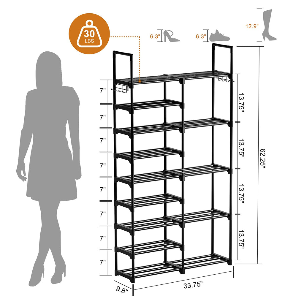 9 Tier 2-Column Shoe Rack, 30-35 Pairs Stackable Black