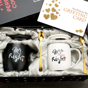 Wedding Gifts For Couples, Ceramic Mugs Set with Lids & Spoons