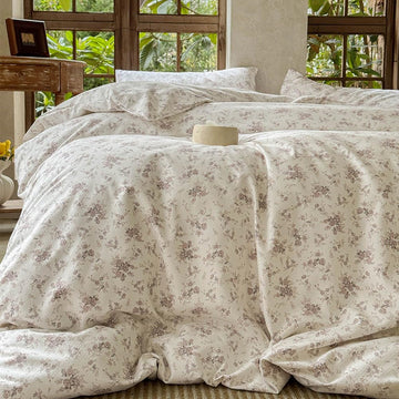 French Flax Linen Cotton Blend Duvet Cover Set, Red Floral