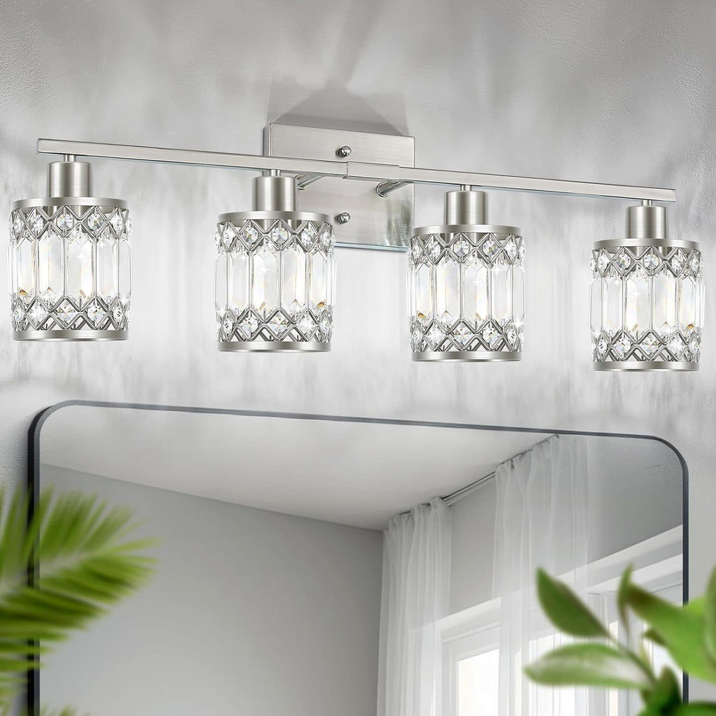 Crystal Modern Bathroom Light Fixtures, 4-Light Brushed Nickel Bathroom Vanity Wall Light, Vanity Lights for Mirror
