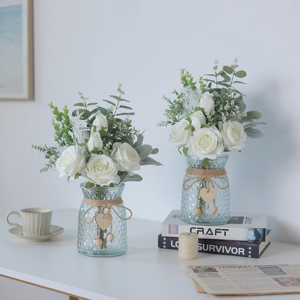 14.5" Faux Flowers with Vase,Artificial Silk Roses in Vase(White) | Realistic Fake Plant Faux Eucalyptus,Flower