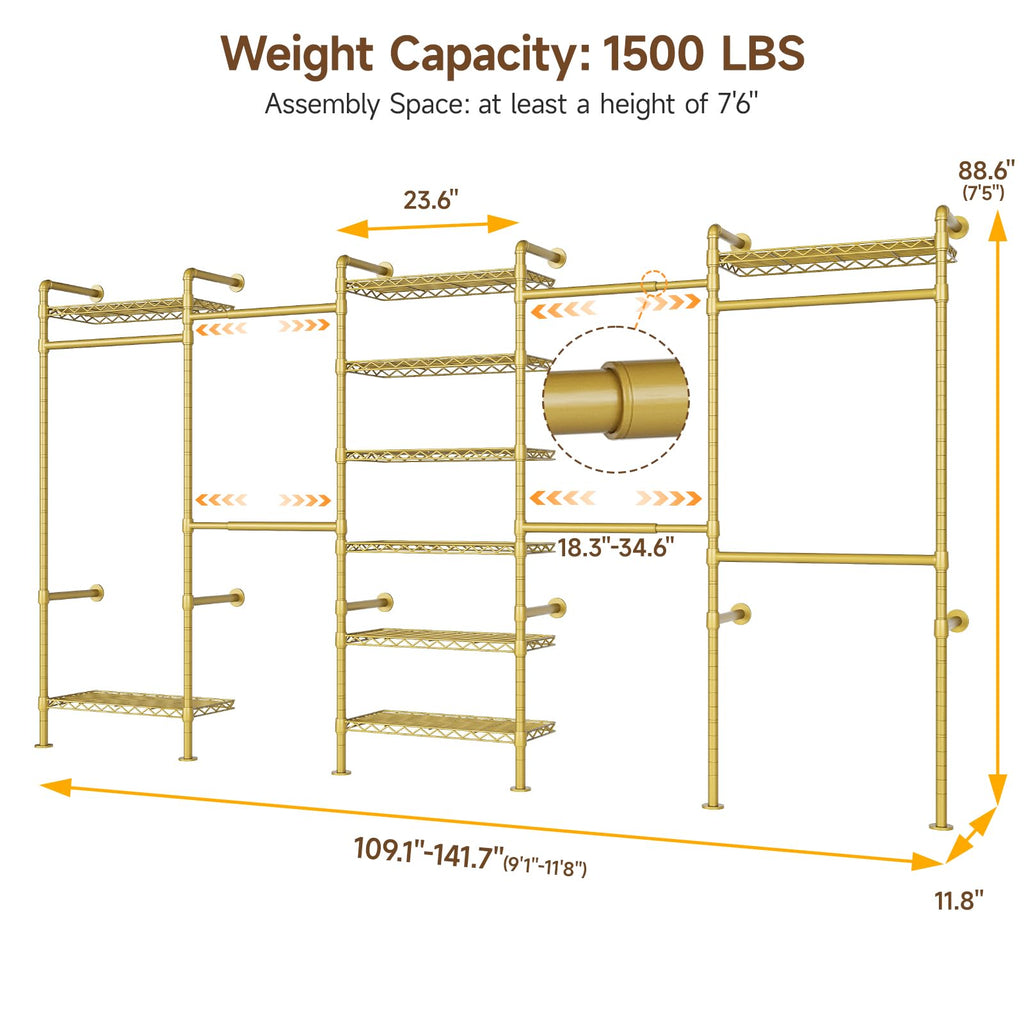 H5 Wall Mounted Closet System, Industrial Pipe Clothes Rack, Gold