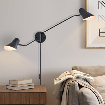 Modern 2-Lights Swing Arm Wall Sconces Black Plug in Wall Light 180° Rotatable Wall Mount Lamp with ON/Off Cord, E26