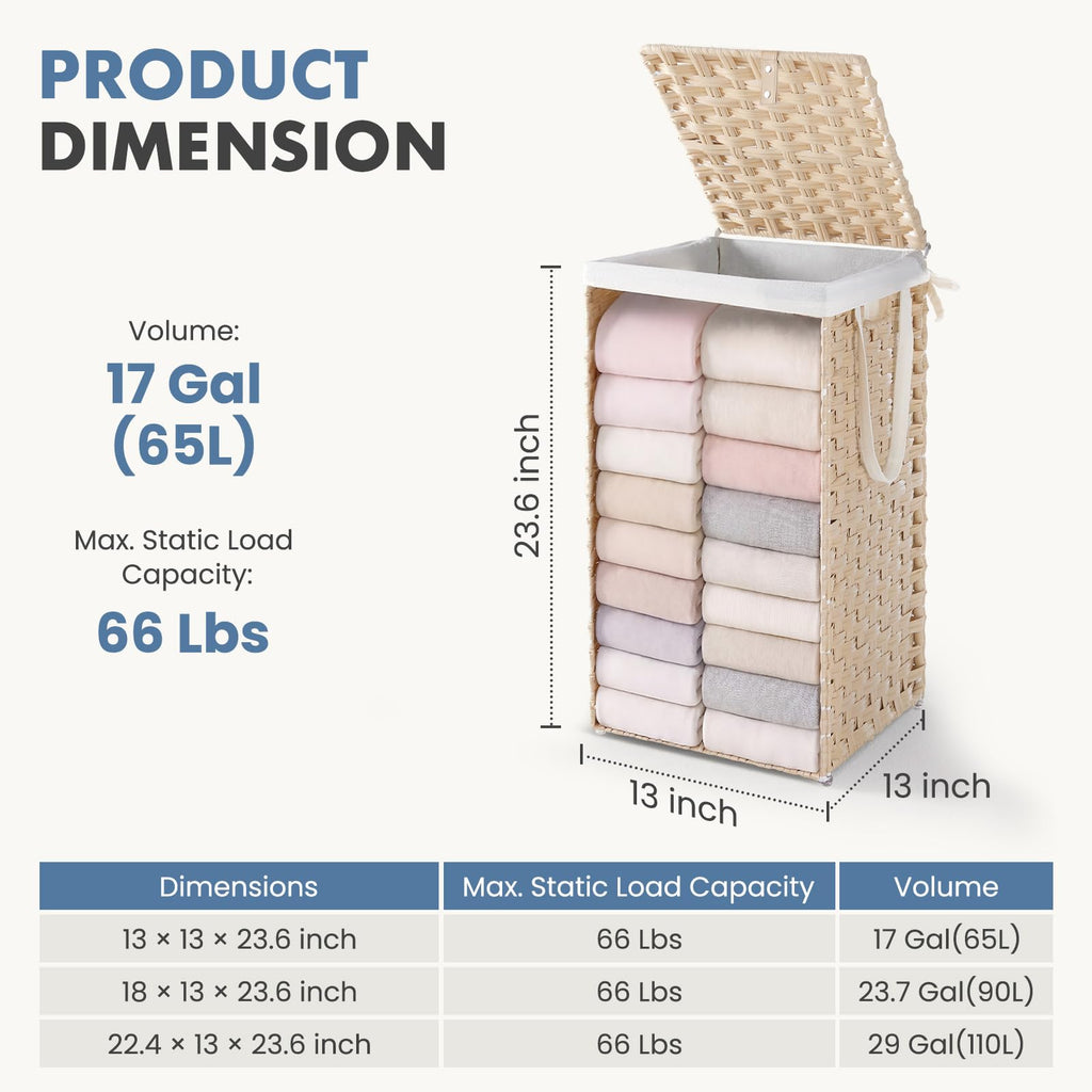 Laundry Basket with Lid, 65L Wicker Laundry Hampers, Summer Sand