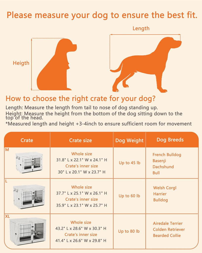 Wooden Dog Crate Furniture with 360°Rotatable Removable Dog Bowls, Dog Crate End Table with Tray, Double Doors Dog