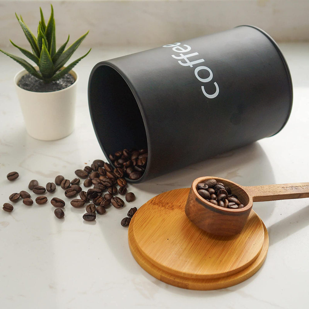Metal Food Storage Jar Farmhouse Coffee Canisters with Bamboo Lids, Black Kitchen Canisters Set of 3 Decorative