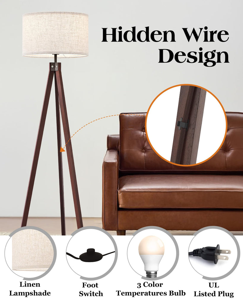 Wood Tripod Floor Lamp with 3 Color Temperatures Bulb, Mid Century Modern Reading Standing Light, Farmhouse Floor