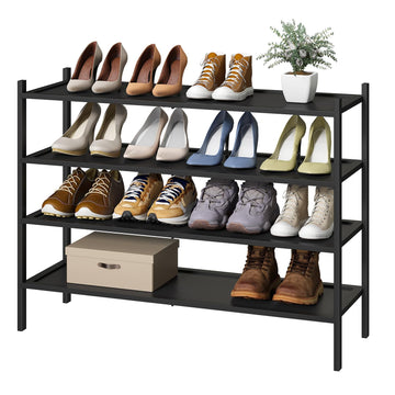 Black Shoe Rack, 4-Tier Bamboo Wood Shoe Rack, Stackable Bamboo Wood Shoe Shelf for Closet, Entryway & Hallway