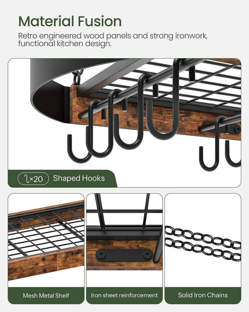 Hanging Pot Rack, Space-Saving Pot Hanger, Ceiling Pan Hanging Rack with 16 Detachable S Hooks, Sturdy