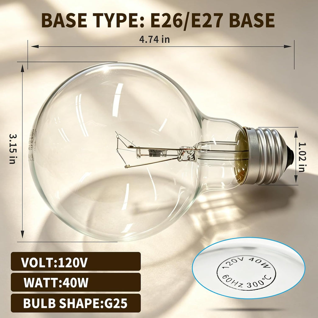 40W Clear Incandescent Bulbs 120V G25 Globe Light Bulbs for E26/E27 Base