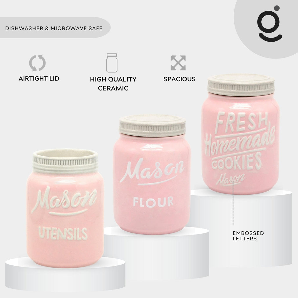 Mason Jar Ceramic Flour Canister with Lid, Farmhouse Kitchen Storage, Pink