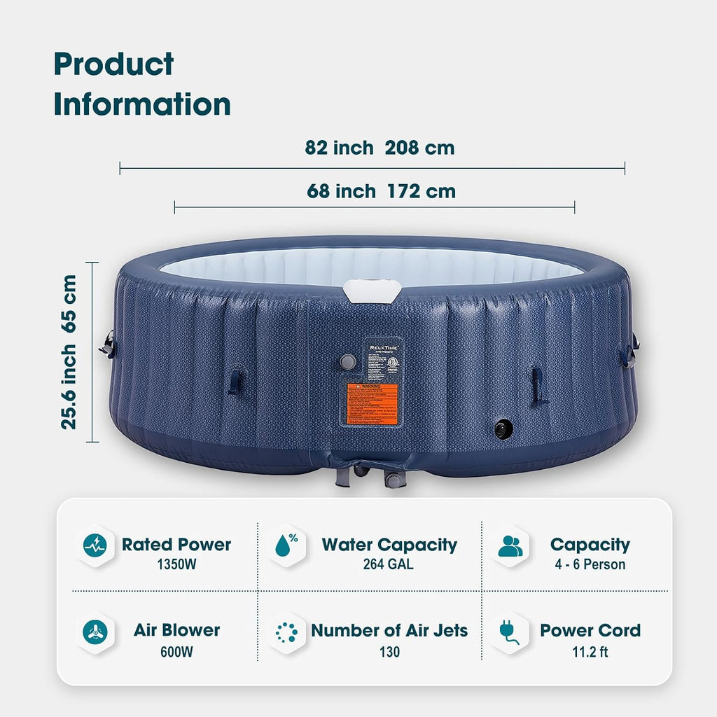 Inflatable Hot Tub 4-6 Person, Portable Blow Up Spa | 130 Air Jets, Built in Heater Pump, Round Outdoor Spa, Cup