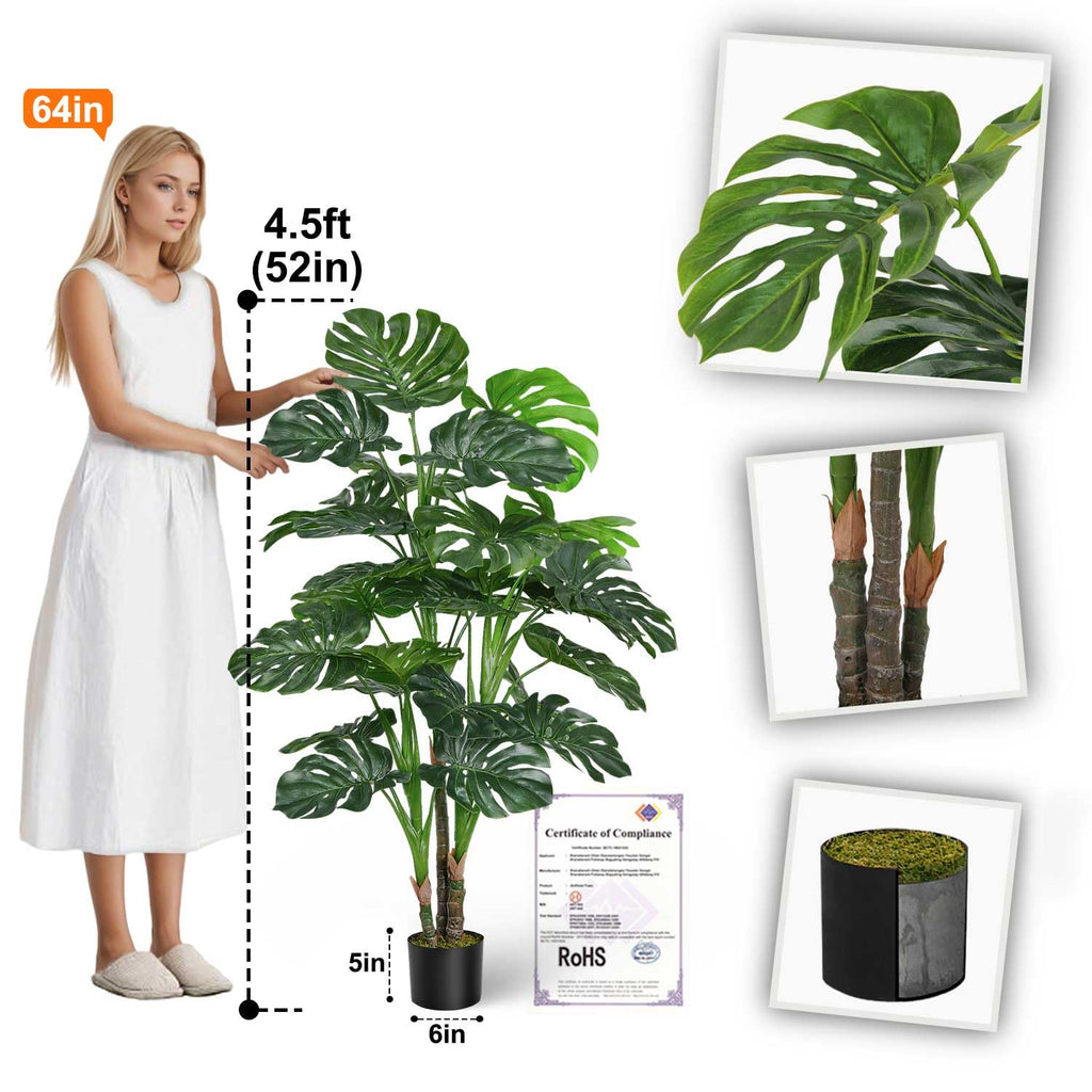 54'' Tall Large Artificial Monstera Deliciosa Plants, 4.5 Feet Faux Swiss Cheese Floor Plants Fake Tropical Silk Tree
