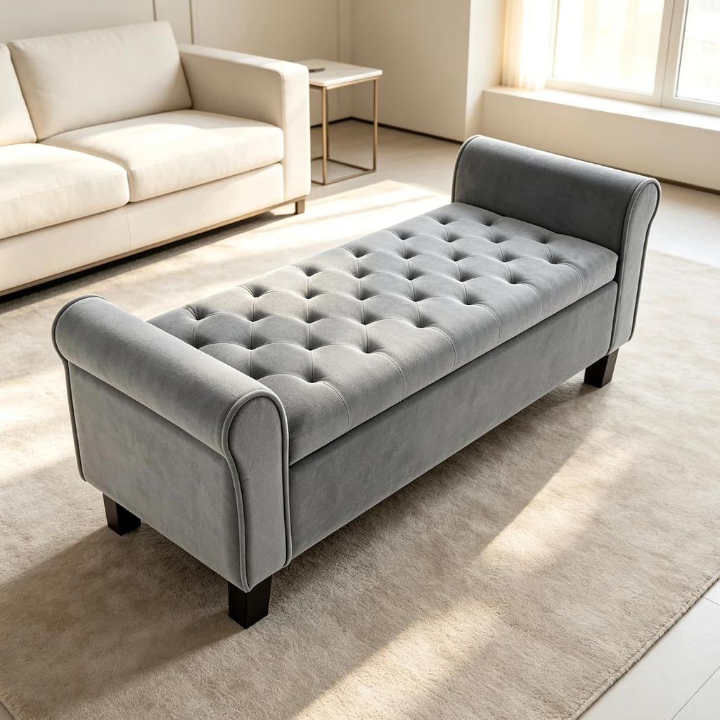 51 Inch Grey Velvet Storage Ottoman Bench with Rolled Armrests | Tufted Ottoman Bench with Storage,500 Lbs