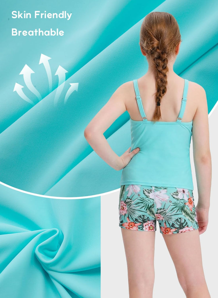 Tween Girls Tankini Swimsuit 2 Piece Bathing Suit Criss Cross Ruched Girl Swimwear with Chest Pad