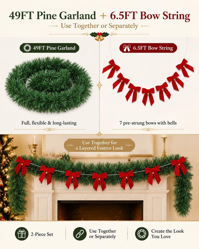 49 FT Christmas Pine Garland, 6.5 FT Velvet Red Bow Garland