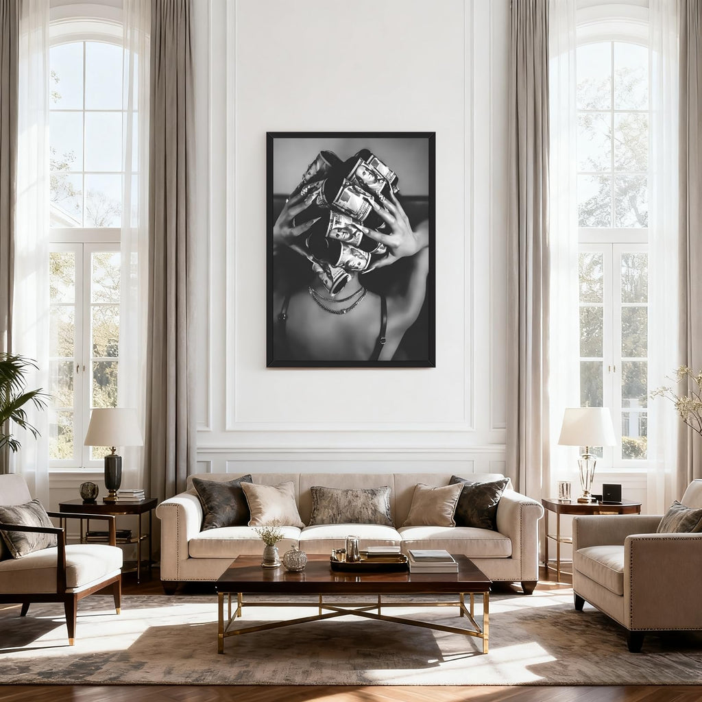 Framed Black Woman with Money on Head Wall Art Trendy Black and White Canvas Print Luxury Money Hair Rollers Fashion