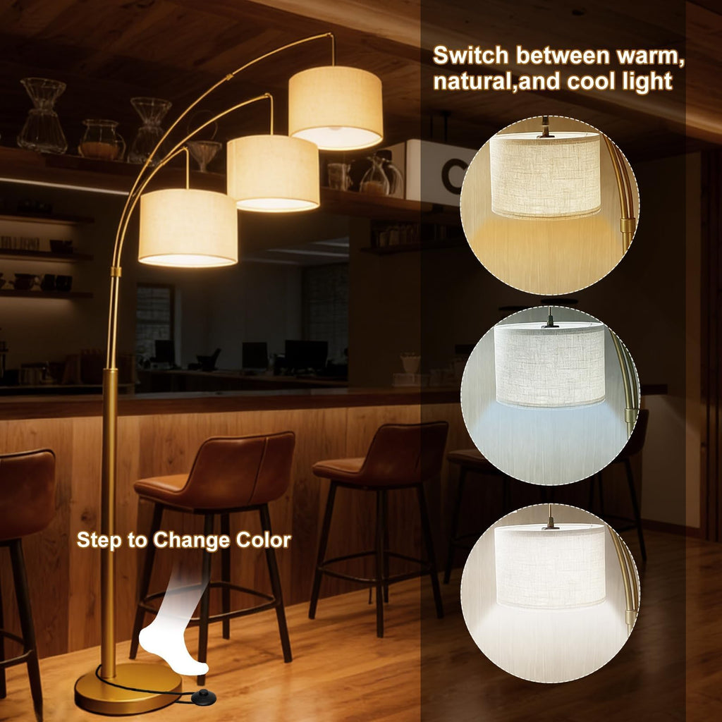 3-Light Dimmable Arc Floor Lamp, LED Tall Standing Lamp with Remote