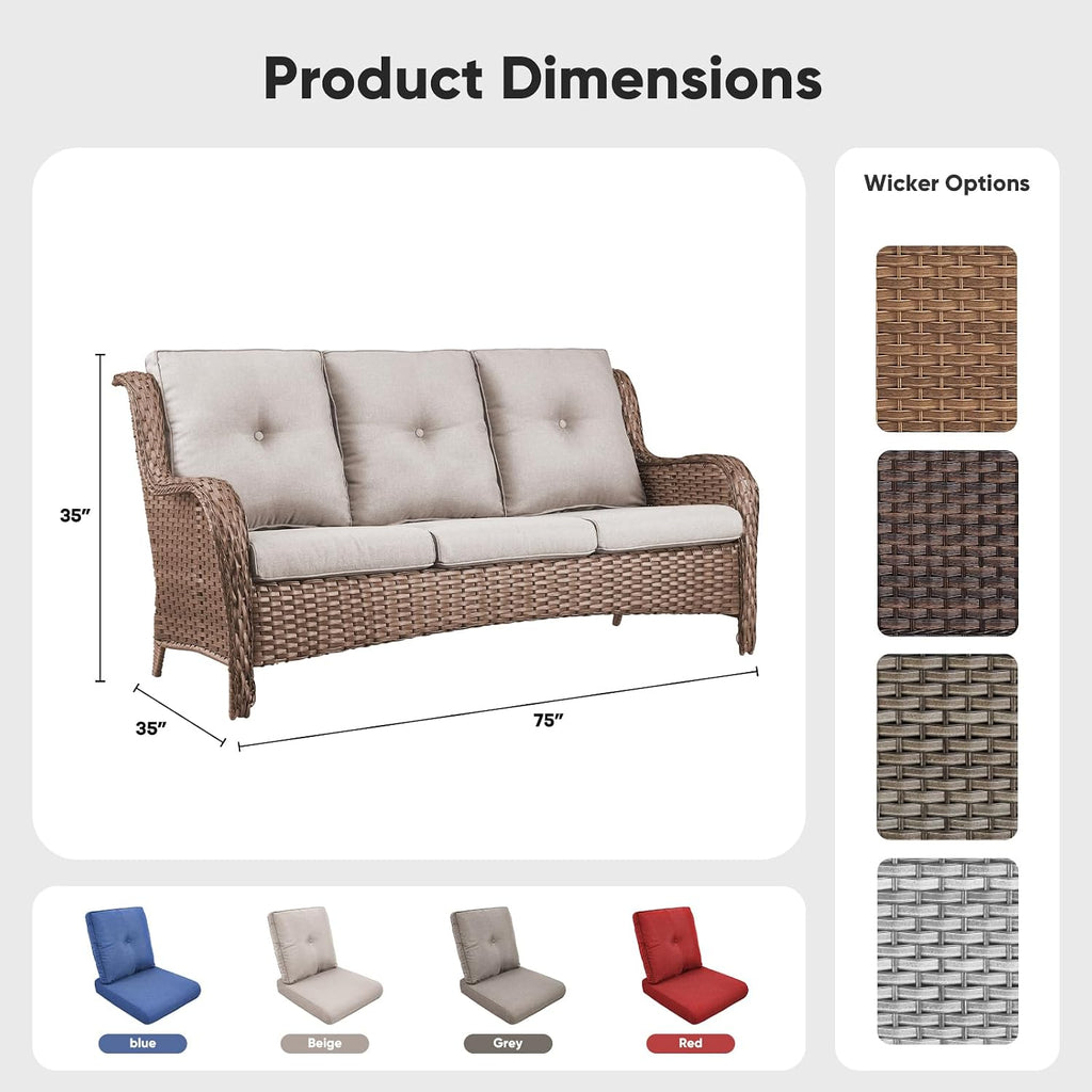 Patio Sofa Luxury PE Wicker 3-Seater Outdoor Couch, Modern All-Weather High Back Deep Seat Woven Furniture Set for
