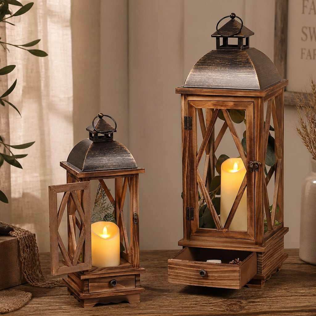 Wooden Candle Lanterns Set of 2, Rustic Farmhouse Indoor Outdoor