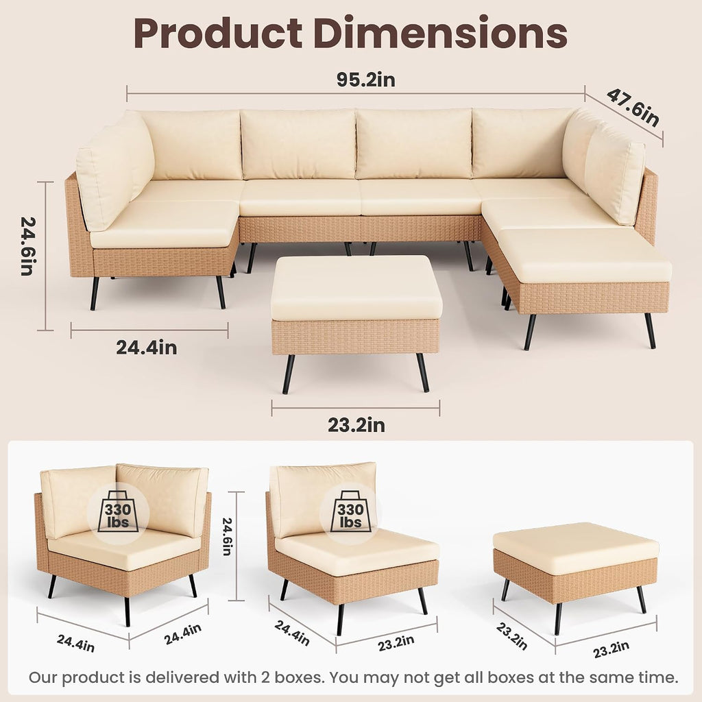 8-Piece Wicker Outdoor Furniture Set, All-Weather Patio Conversation Set with Thick Cushions & 2 Multi-Use Ottomans