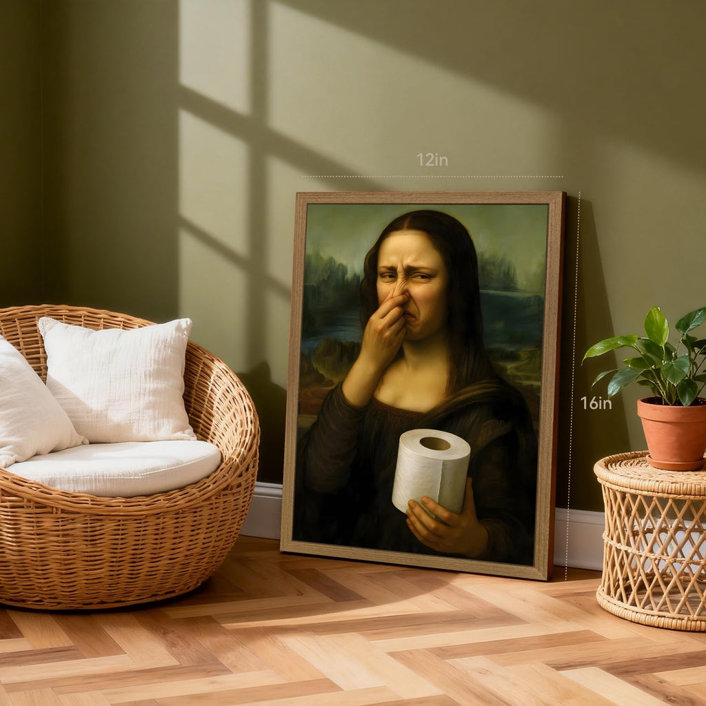 Wood Framed Funny Pinching Nose Mona Lisa Bathroom Wall Art 12x16 in