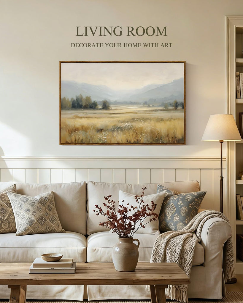 Large Vintage Landscape Canvas Wall Art, Neutral Landscape Wall Art, 24x36 Inch Framed Canvas, Misty Mountain Meadow