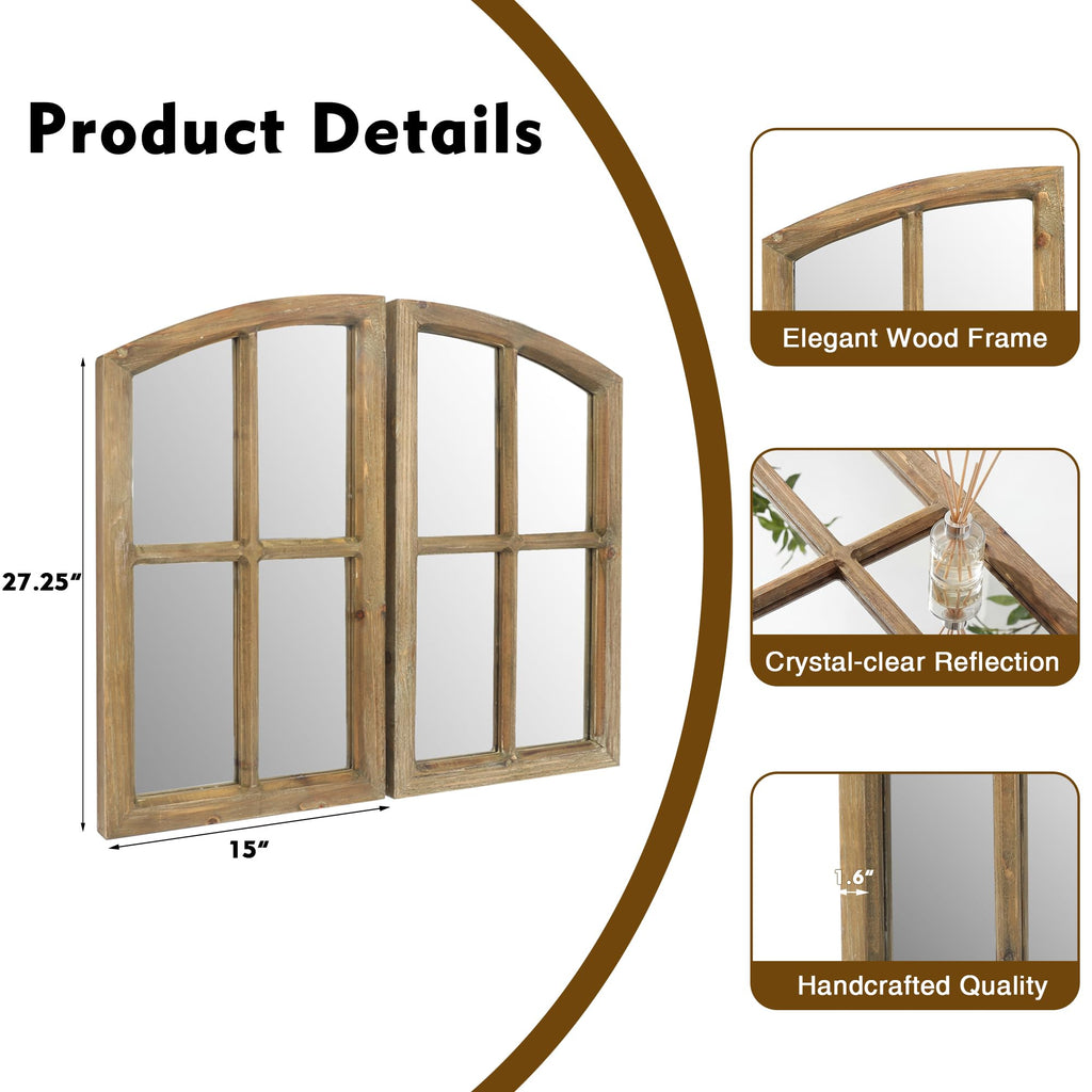 Farmhouse Arched Window Wall Mirrors with Rustic Wood Frame