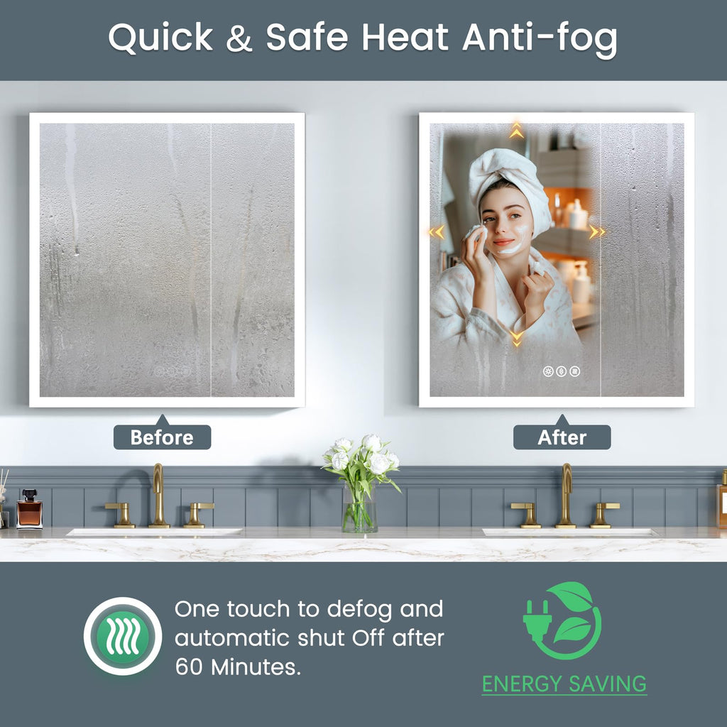 30x32 Inch Lighted Medicine Cabinet, AL Alloy Frame, Plug-in or Hardwired, Recessed or Wall Mount, Mirror Doors/3