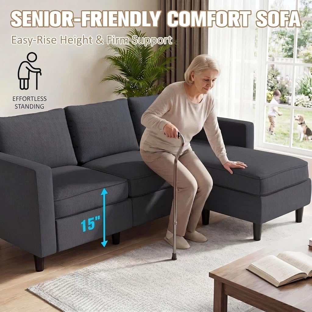 3-Seat Reversible Sectional Sofa with Ottoman, Small Couch, Grey