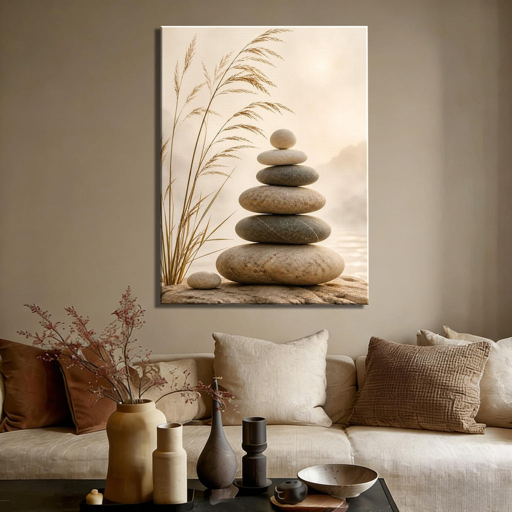 Framed Warm Tone Balancing Rocks Canvas Wall Art, Misty Lakeside Zen Landscape Canvas Prints Pictures, soothing wall
