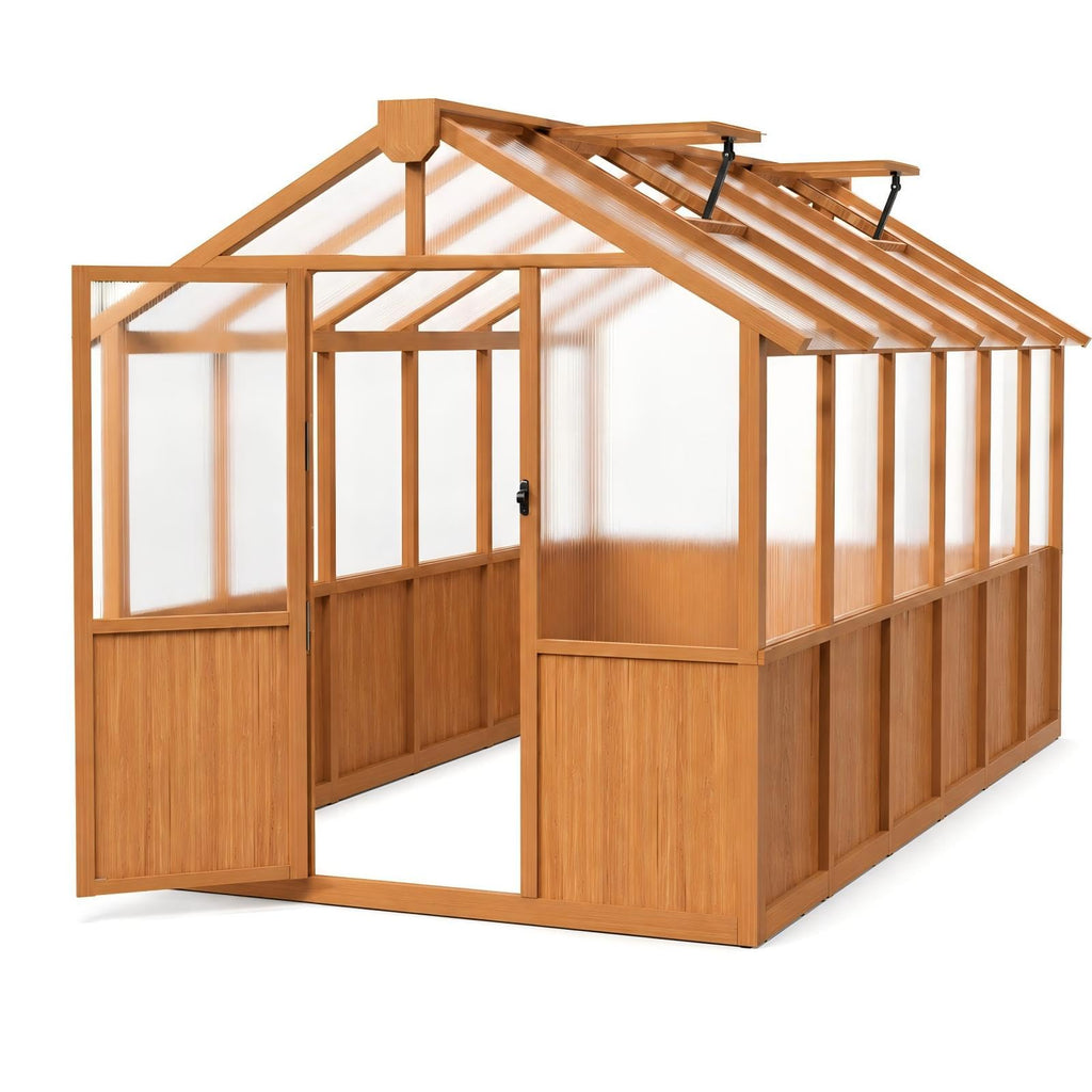 6x12 FT Wooden Greenhouse Outdoor, Heavy Duty Green House with Polycarbonate Panels, Adjustable Roof Vent, Walk-in