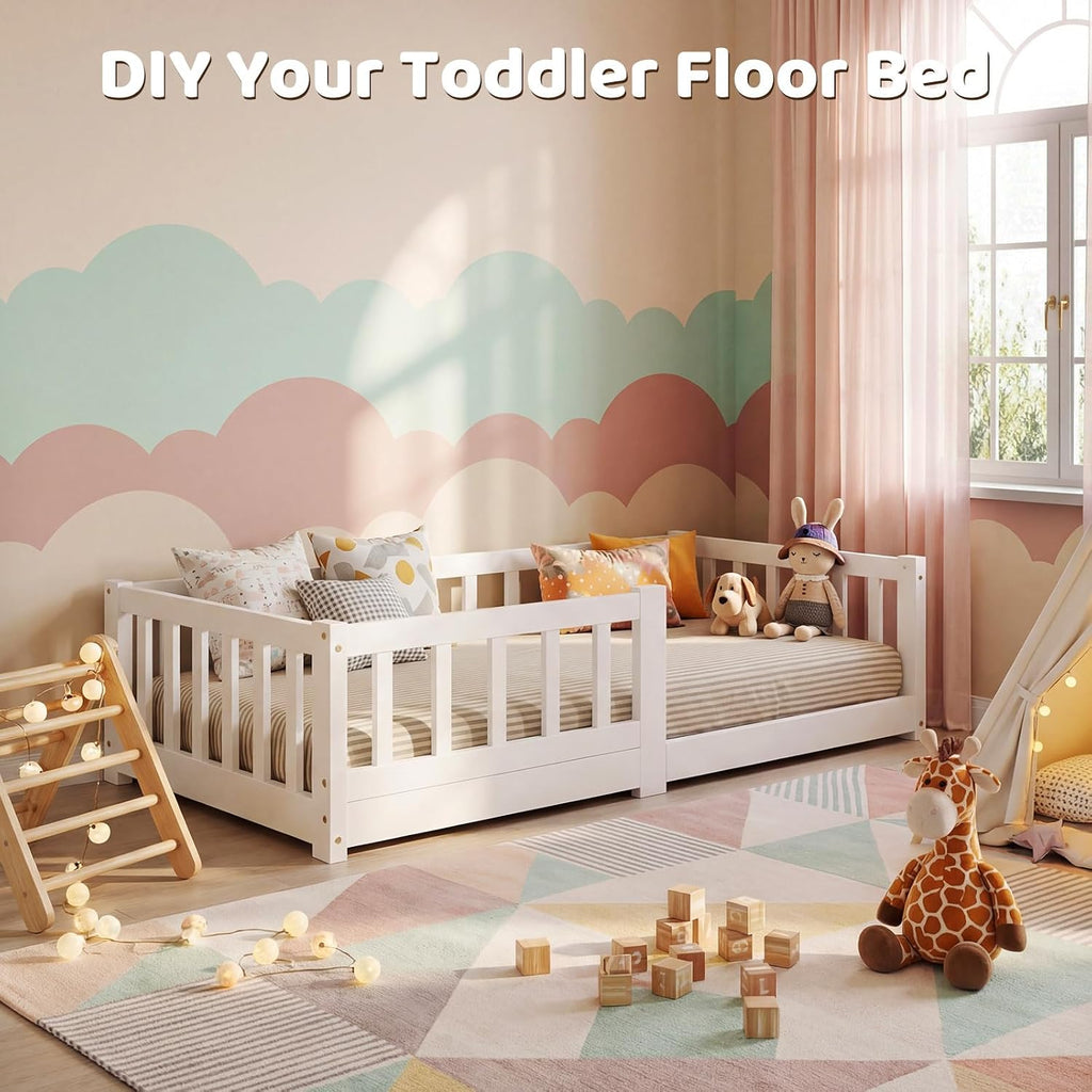 Toddler Bed, Toddler Floor Bed with Safety Guardrails, Wood Montessori House Bed with Roof, Low Toddler Bed Frame