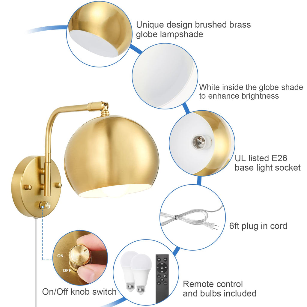 Wall Sconce with Remote Control, Plug in Wall Sconces Dimming 0-100% and Adjustable Color Temperature