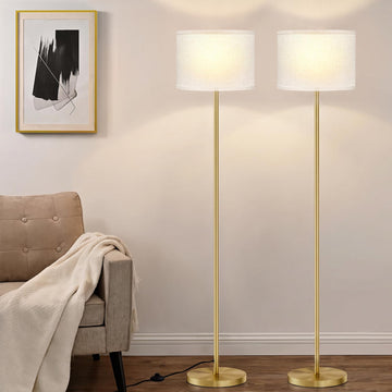 60'' Modern Floor Lamp Set of 2, 2PK Tall Lamps Bedroom, Beige Shade with Gold Pole(Without Bulb)